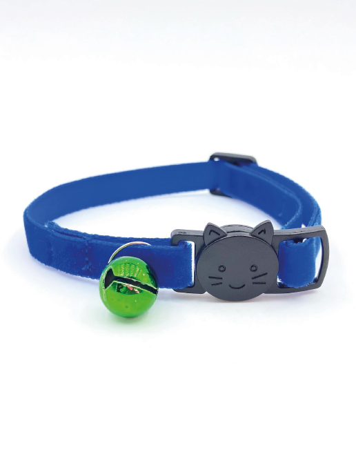 Royal Blue Velvet Cat Collar With Breakaway Buckle Bells & Whiskers