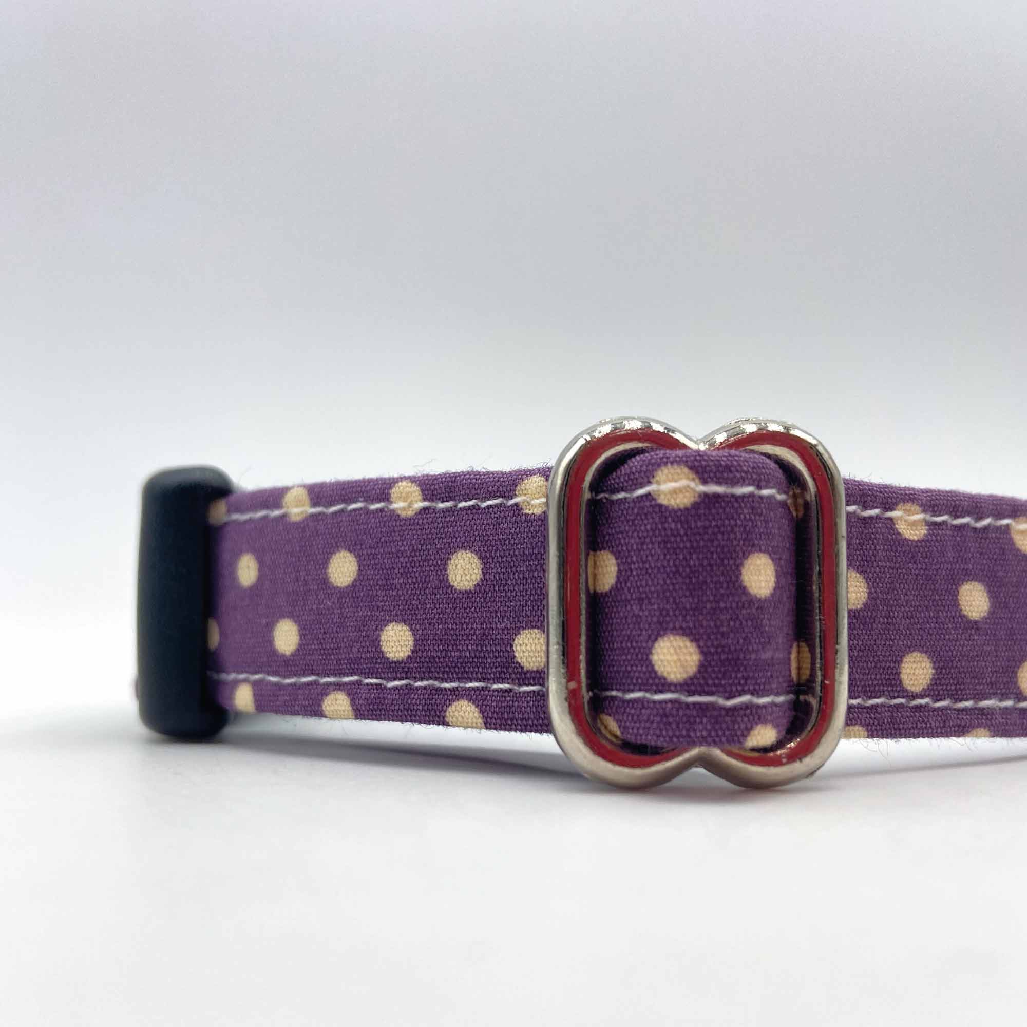 Plum Cotton Fabric Dog Collar With Polka Design Bells & Whiskers