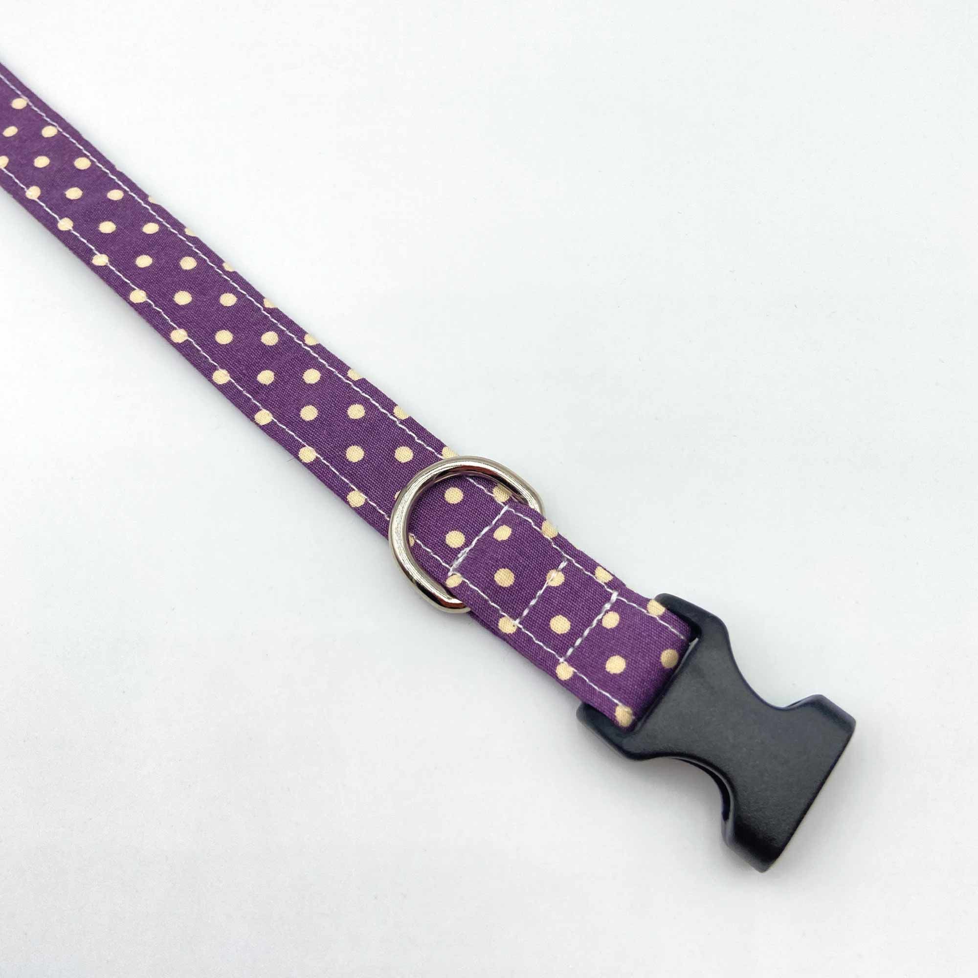 Plum Cotton Fabric Dog Collar With Polka Design Bells & Whiskers