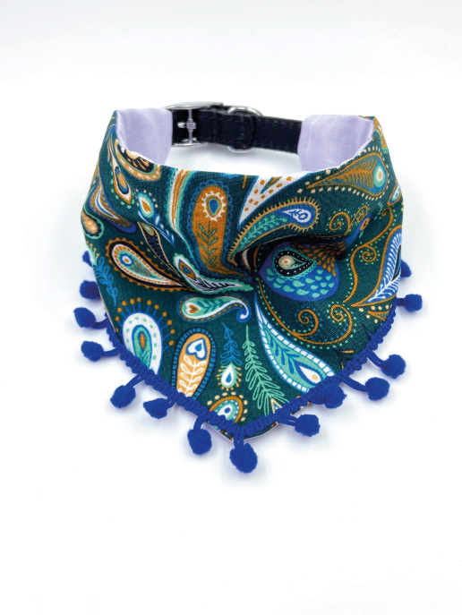 Green Paisley Peacock Dog Bandana With Blue Poms Bells & Whiskers