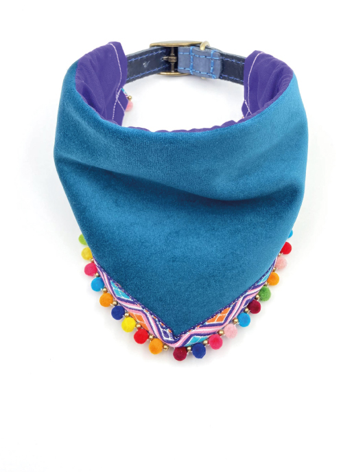 Teal Boutique Fabric Dog Bandana With Decorative Finish Bells & Whiskers Fabric Collars, Leads