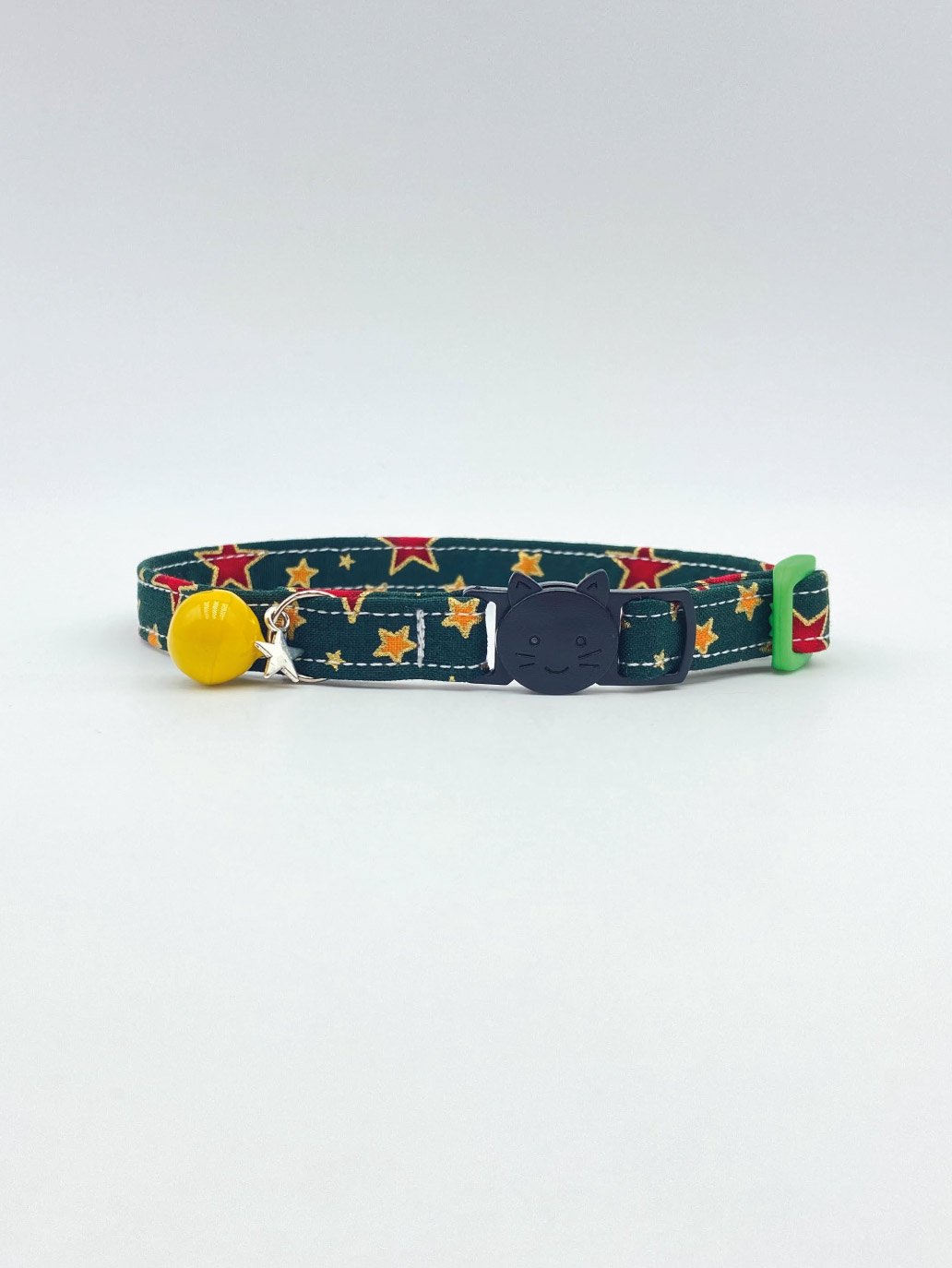 Racing Green Fabric Cat Collar with Multi Coloured Stars Bells