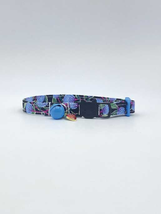 Black Fabric Cat Collar With Blue Flower Print Bells & Whiskers Fabric Collars, Leads