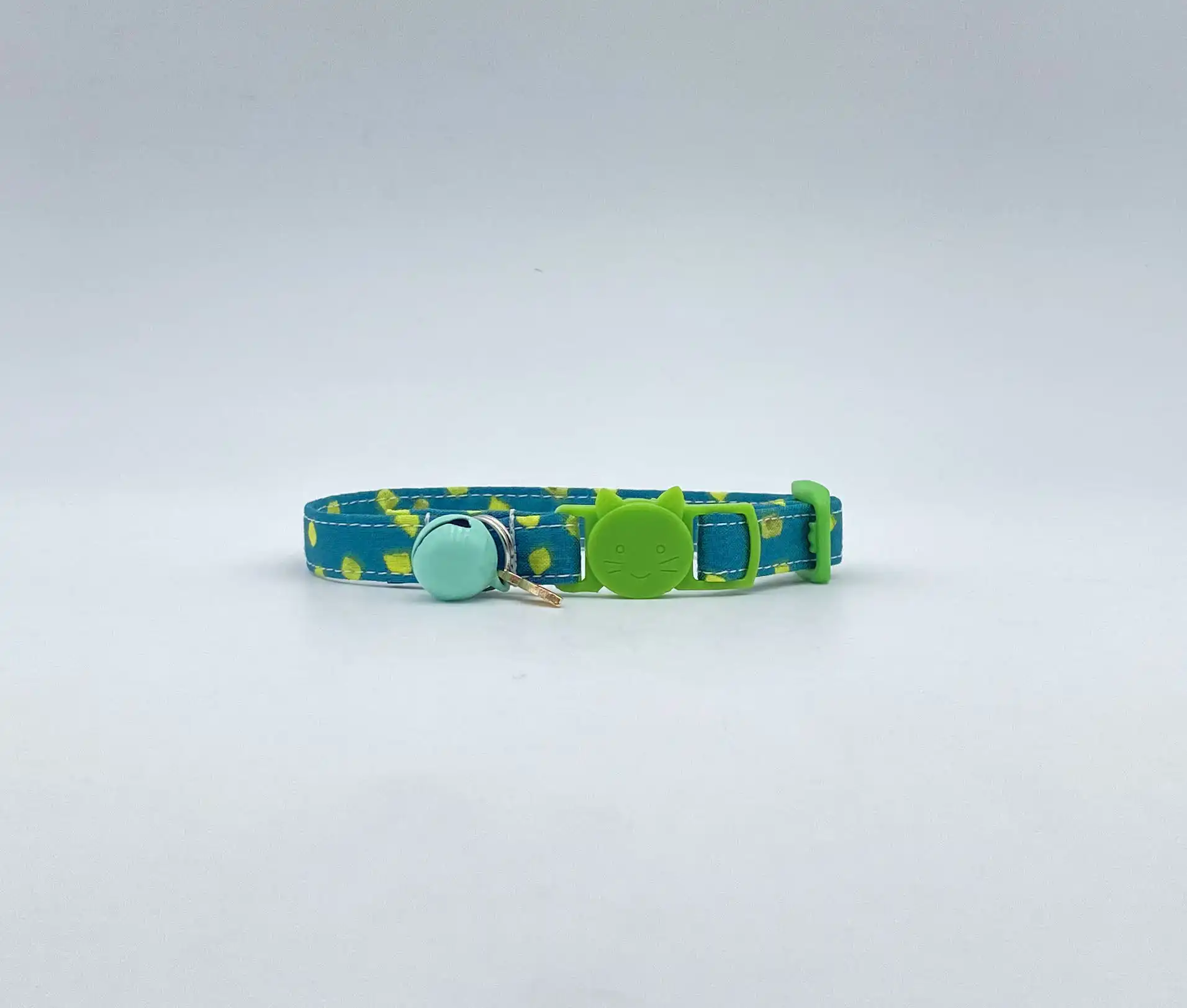 Green Fabric Cat Collar With Lime Green Spots Bells & Whiskers Fabric