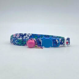 Blue, White and Pink Flower Fabric Cat Collar With Safety Buckle