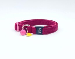 Cranberry coloured Soft Velvet Velour Cat Collar with Pink Bell, Safety breakaway fastener and heart charm