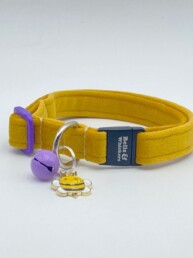 Mustard coloured velvet velour Main Coon collar with purple adjuster and bell with bee charm