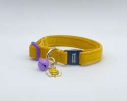 Mustard coloured velvet velour Main Coon collar with purple adjuster and bell with bee charm