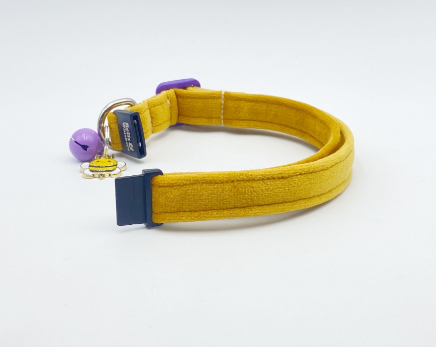 Maine Coon Cat Collar in mustard with breakaway fastner, adjuster, purple bell and bee charm